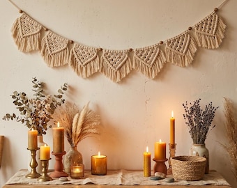 Boho Macrame Garland Wall Hanging – Neutral Fringe Banner Decor