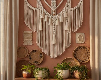 Large Boho Macrame Wall Hanging – Handmade Cotton Fringe Tapestry, Neutral Woven Wall Art for Bedroom Living Room Decor
