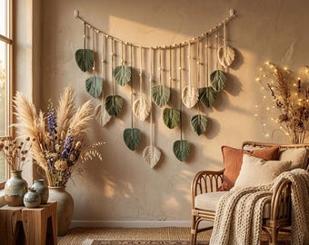 Boho Macrame Leaf Wall Hanging Outdoor Decor Green Beige Woven Wall Art Garden Patio Balcony Bohemian Wall Decor Fiber Art