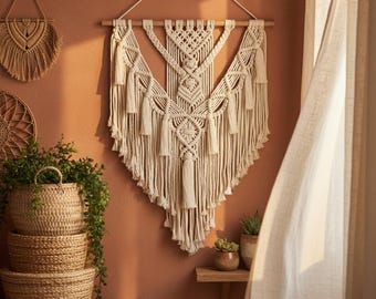Large Boho Macrame Wall Hanging – Handmade Cotton Tapestry with Tassels, Neutral Woven Wall Decor for Living Room Bedroom