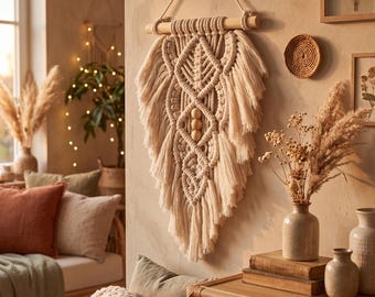 Macrame Wall Hanging Boho Decor Beige Handmade Woven Wall Art Fiber Wall Hanging Living Room Bedroom Bohemian Home Decor