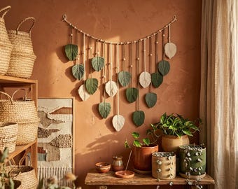 Boho Macrame Leaf Wall Hanging Outdoor Decor Green Beige Woven Wall Art Garden Patio Balcony Bohemian Wall Decor Fiber Art