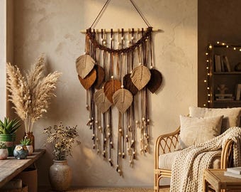Boho Leaf Macrame Wall Hanging – Brown and Beige Fiber Art with Wooden Beads and Tassels