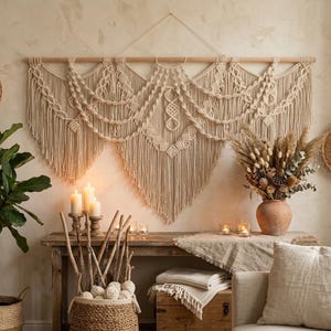 Extra Large Macrame Wall Hanging Boho Decor Beige Woven Wall Art Handmade Fiber Wall Hanging Living Room Bedroom Statement Decor