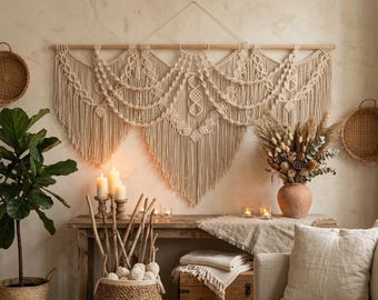 Extra Large Macrame Wall Hanging Boho Decor Beige Woven Wall Art Handmade Fiber Wall Hanging Living Room Bedroom Statement Decor