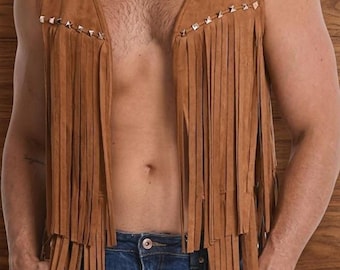 Men's Suede Fringe Vest: Western Cowboy Hippie Style Waistcoat