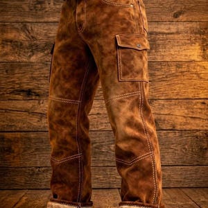 Puede incluir: Pantalones de cuero marrón con cinturón a juego. Los pantalones tienen costuras blancas, bolsillos de carga y un puño forrado de piel. El cuero tiene un aspecto envejecido. El cinturón tiene una hebilla plateada.