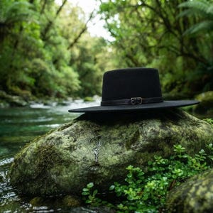 Peut inclure: Un chapeau noir à larges bords avec une calotte plate et une fine bande en cuir marron foncé dotée d'une petite boucle métallique. Le chapeau est fabriqué dans une matière semblable à du feutre et repose sur un rocher moussu près d'un ruisseau.