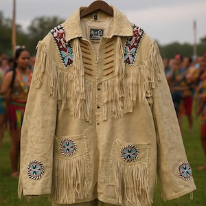 Könnte beinhalten: Beigefarbene Wildlederjacke mit Fransen und Perlenverzierungen. Die Jacke hat dekorative Perlenarbeiten an den Schultern, Taschen und Ärmeln. Die Jacke hängt an einem Holzbügel.