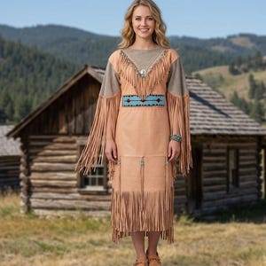 May include: A tan dress with long fringe sleeves and hem. The dress has a turquoise and black design on the bodice and a beaded neckline. The sleeves and hem are adorned with long fringe. A log cabin and mountain range are in the background.
