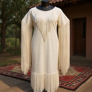 native outsider white long sleeve dress White Buckskin Dress