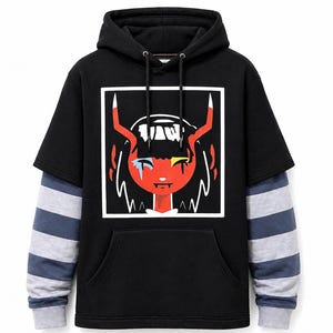 Meowskulls Inspired Hoodie for Men & Women | Anime Streetwear Pullover | Layered Sleeve Graphic Hoodie | Goth Aesthetic Cosplay Sweatshirt