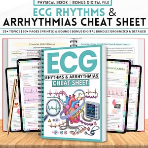 May include: A spiral-bound ECG Rhythms & Arrhythmias Cheat Sheet book with a cover illustration of a human heart, a magnifying glass, and a monitor. The text reads ECG Rhythms & Arrhythmias Cheat Sheet. Multiple internal pages are visible.