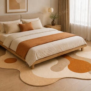 Abstrakcyjny, nieregularny kształt, wełniany dywan - nowoczesny, falisty, ręcznie tuftowany dywan do salonu - estetyczna dekoracja w odcieniach ziemi.