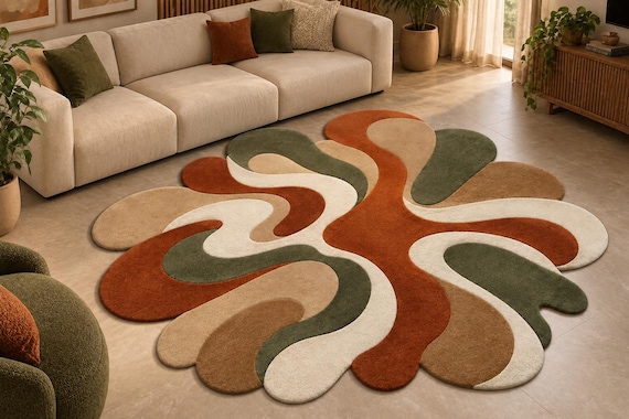 Handmade Tufted Rug, Organic Abstract Area Rug, Earth Tone Modern Carpet