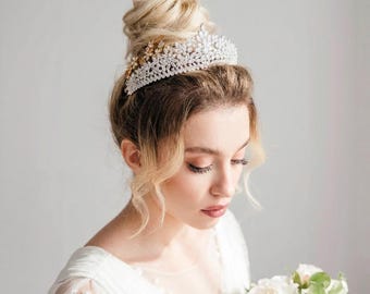 Tiara nupcial de cristal floral, corona de boda plateada, elegante tocado de novia