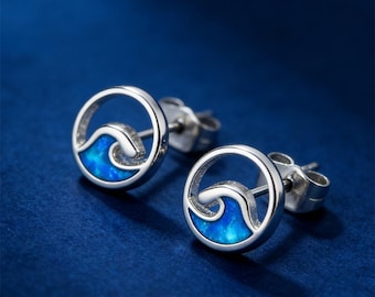 Pendientes de onda con ópalo, bonitos pendientes de ópalo azul, joyas onduladas brillantes, regalo perfecto para adolescentes y mujeres jóvenes.
