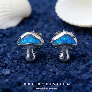 Mushroom Earrings with Opal, blue Opal Cute Studs, Whimsical Glow Jewelry, Perfect Gift for Teens & Young Women