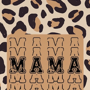 May include: A phone lock screen featuring a leopard print pattern in shades of brown and black. The time is displayed as 1:28, with the date Wednesday, February 18th. A rectangular graphic with the word "MAMA" repeated multiple times is centered.