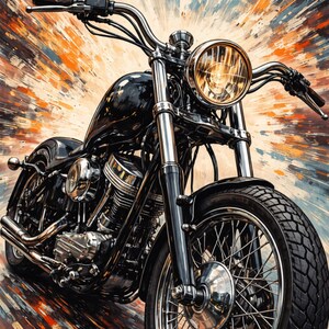 May include: A black motorcycle with chrome accents, a round headlight, and a wide front tire. The bike has a classic design with a curved handlebar and a detailed engine. The background features an abstract, colorful burst of orange, blue, and brown.