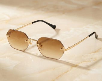 Gold Tea Octagon Sunglasses | Luxury Geometric Rimless Shades | Warm Diamond Frame Eyewear | Unisex