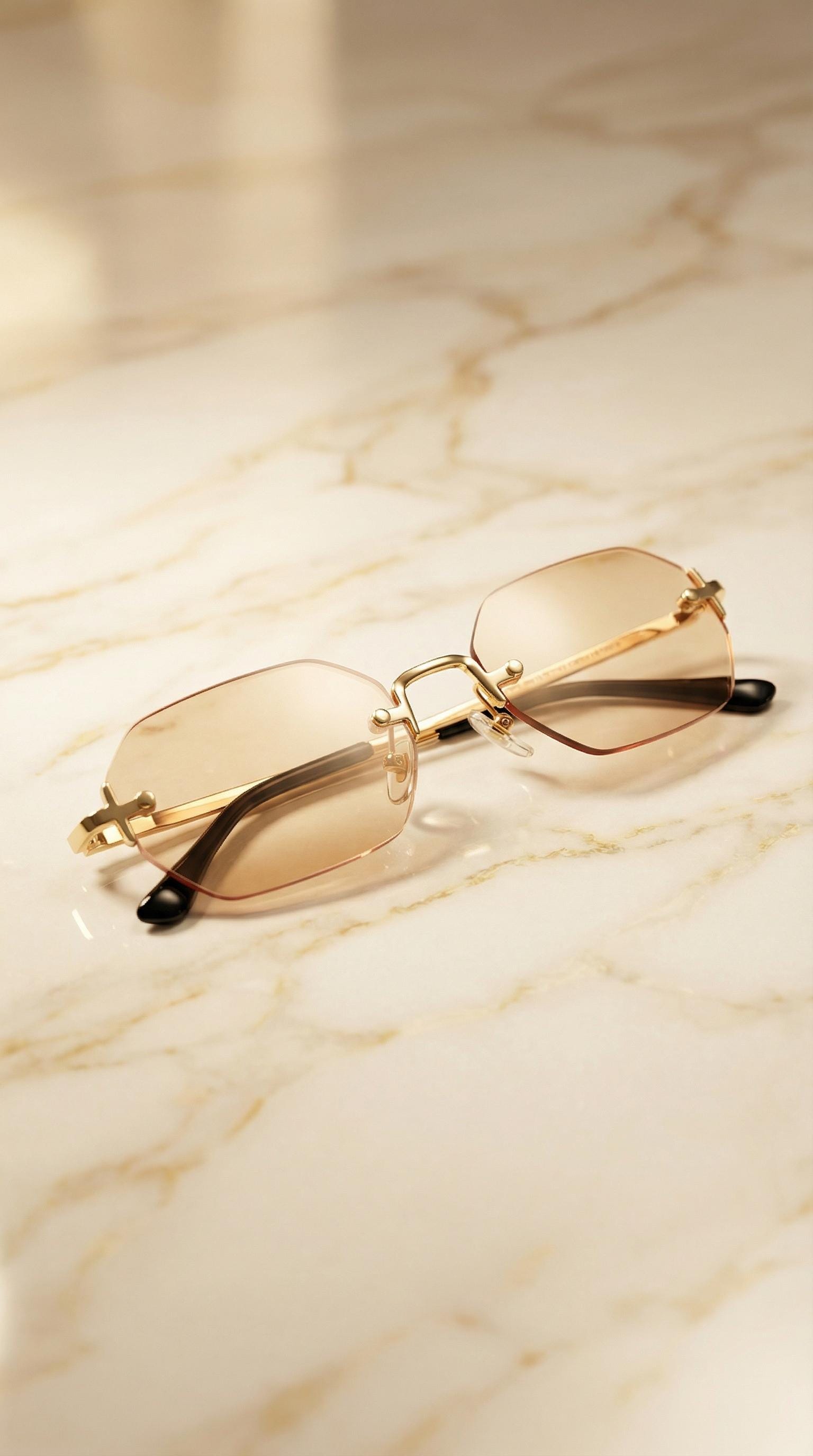 Gold Champagne Octagon Sunglasses | Luxury Geometric Rimless  display picture 2