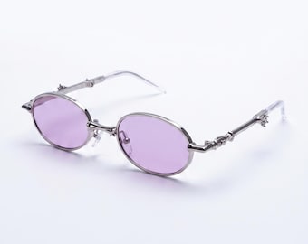 Purple Silver Slim Oval Sunglasses – Tortoise Metal Detail Frames, Gothic Ethereal Vintage Luxury Eyewear Unisex