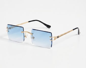 Blue Rimless Square Sunglasses – Slim Metal Frames, Dark Luxury Alt Eyewear Unisex Y2K Gothic Fashion