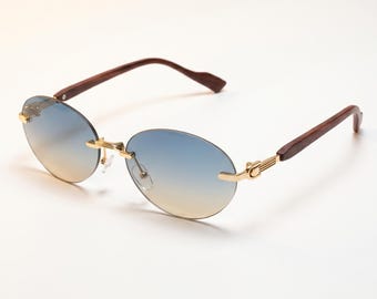 Blue Tea Wood Rimless Oval Sunglasses – Gold Bridge Luxury Eyewear, Dark Academia Style Unisex Alt