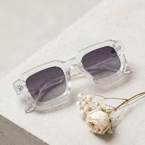 Clear Gray Rectangle Sunglasses – Compact Thick Acetate Frames, Quiet Luxury Gothic Minimalist Eyewear Unisex