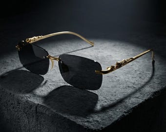 Gold Black Rimless Sunglasses Panther | Luxury Wild Cat Frameless Shades | Designer Eyewear | Unisex
