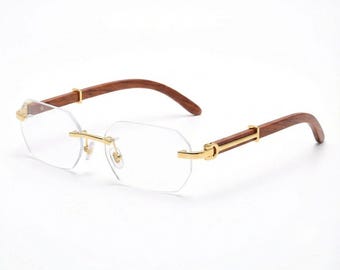 Gold Clear Rimless Sunglasses Wood Temple | Luxury Crystal Frameless Shades | Ethereal Eyewear Gift
