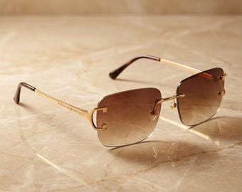 Gold Brown Rimless Sunglasses | Luxury Warm Gradient Shades | Designer Frameless Eyewear | Unisex Gift