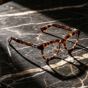 May include: Tortoiseshell eyeglasses with a square frame design. The glasses have a brown and amber pattern and silver accents on the temples. The glasses are resting on a dark marble surface.