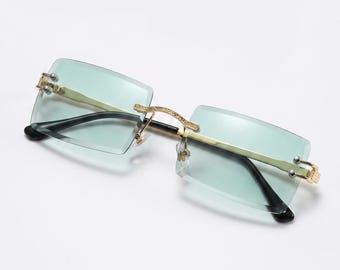 Mint Green Rimless Square Sunglasses – Slim Metal Frames, Dark Academia Alt Luxury Eyewear Unisex Fashion