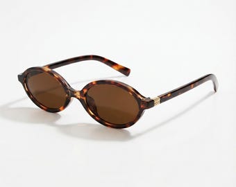 Retro Oval Sunglasses Tortoise Frame – Vintage Minimal Brown Lens Glasses Aesthetic Unisex Eyewear