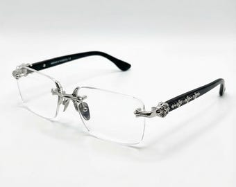 Gafas sin montura con cruz plateada | Gafas góticas de lujo sin montura | Gafas con detalles cromados | Regalo unisex