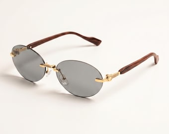 Gray Wood Rimless Oval Sunglasses – Gold Bridge Quiet Luxury Eyewear, Style Unisex Alt Fashion