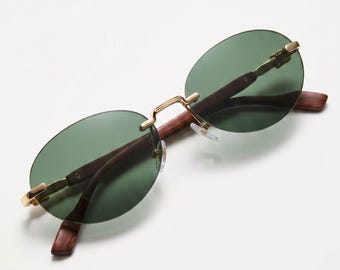 Green Wood Rimless Oval Sunglasses – Gold Bridge Botanical Dark Luxury Eyewear, Unisex Alt Style