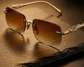 Gold Tea Rimless Sunglasses Panther | Luxury Warm Frameless Shades | Wild Cat Eyewear | Unisex Gift