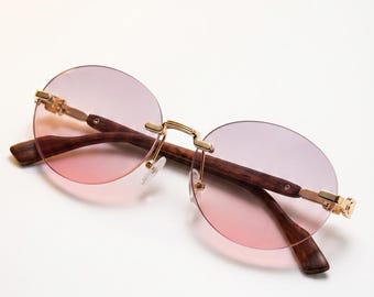 Pink Silver Wood Rimless Oval Sunglasses – Gold Bridge Gothic Coquette Luxury Eyewear Unisex Alt Fashion