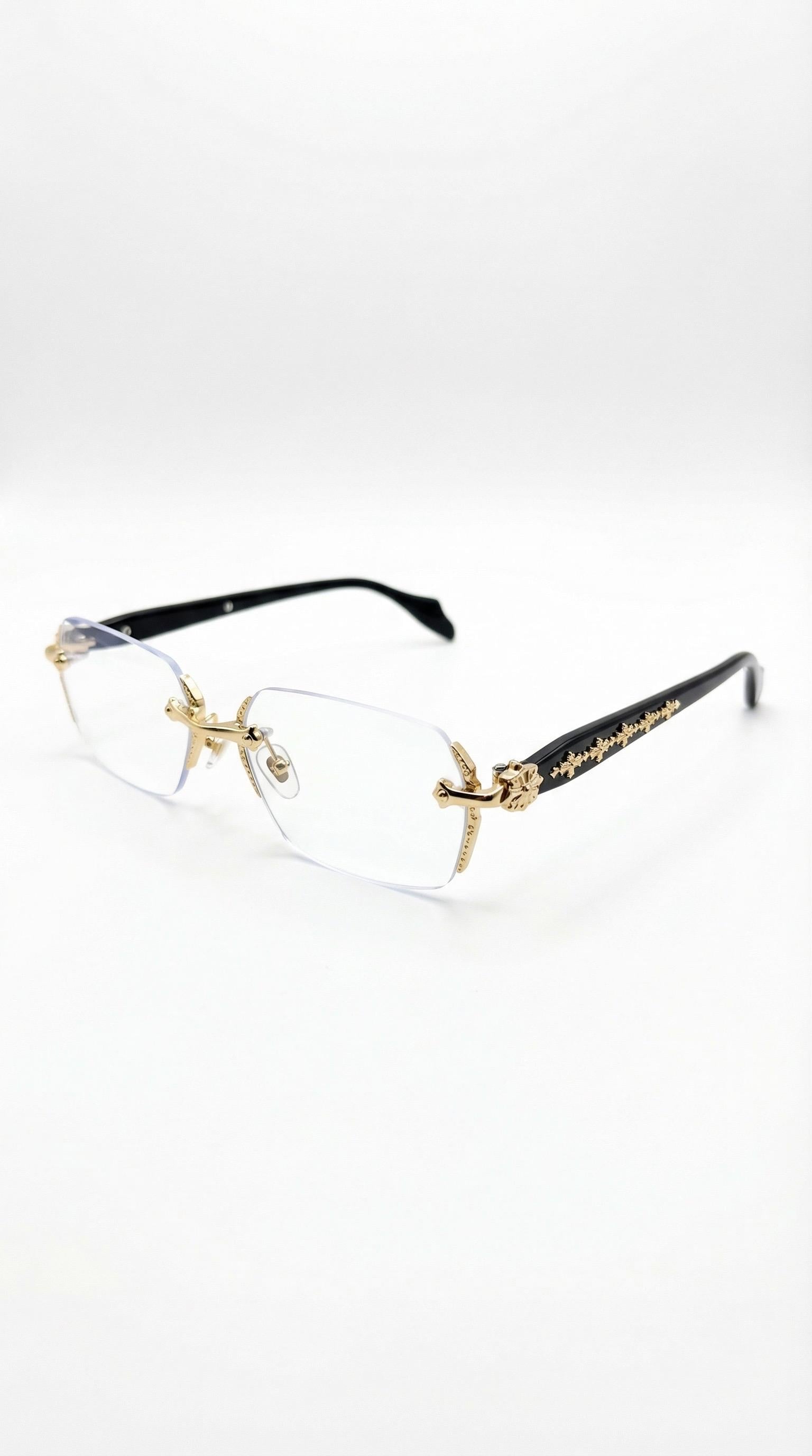 Gold Rimless Eyeglasses, Black Tip Ornate Frameless Glasses, Vintage Clear Lens Glasses Gift