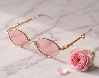 Pink Gold Slim Oval Sunglasses – Tortoise Metal Detail Frames, Gothic Coquette Vintage Luxury Eyewear Unisex