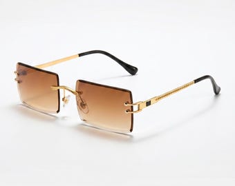 Amber Brown Rimless Square Sunglasses – Slim Metal Frames, Dark Academia Quiet Luxury Eyewear Unisex Alt