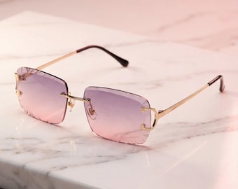 Goudroze randloze zonnebril | Luxe paarse kleurovergang zonnebril | Vrouwelijke randloze bril | Cadeau voor haar