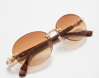 Amber Wood Rimless Oval Sunglasses – Gold Bridge Dark Academia Luxury Eyewear, Unisex Alt Style
