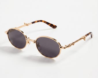 Gray Gold Slim Oval Sunglasses – Tortoise Metal Detail Frames, Dark Academia Vintage Luxury Eyewear Unisex