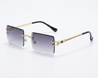 Gray Gradient Rimless Square Sunglasses – Slim Metal Frames, Dark Academia Quiet Luxury Eyewear Unisex Alt