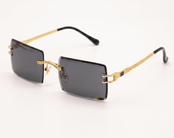 Dark Gray Rimless Square Sunglasses – Slim Gold Metal Frames, Gothic Minimalist Luxury Eyewear Unisex Alt