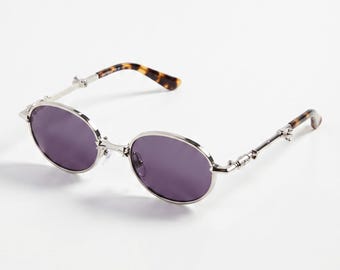 Gray Silver Slim Oval Sunglasses – Tortoise Metal Detail Frames, Gothic Minimalist Vintage Eyewear Unisex
